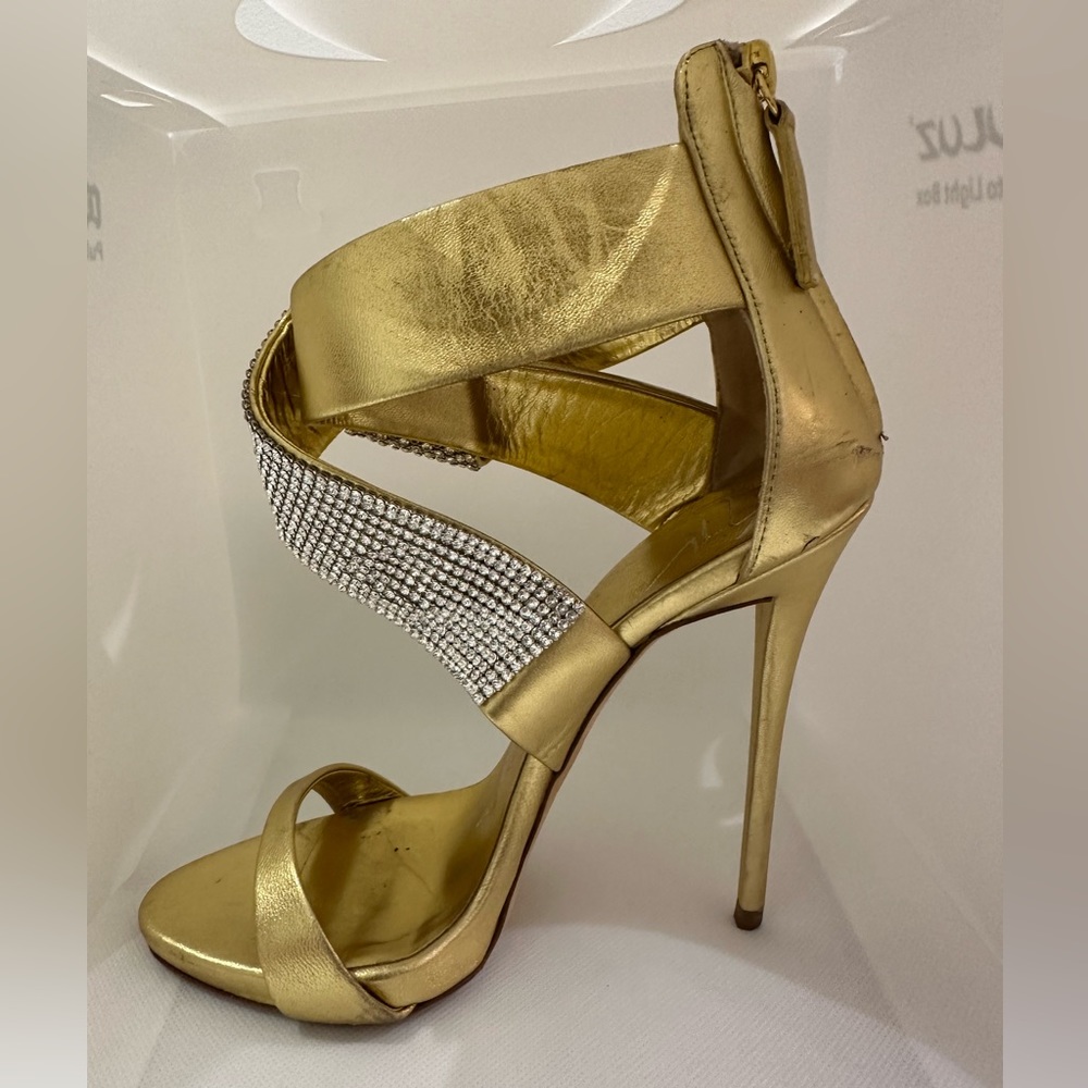 Giuseppe Zanotti Gold Leather Crystal Evening Heels Size 37 - Picture 8 of 10